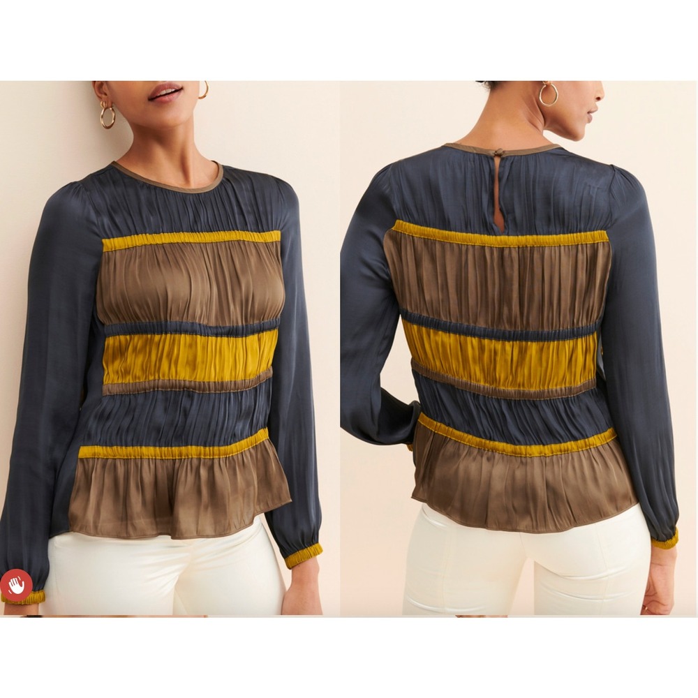 Current Air Los Angeles Womens Small Colorblock Pleated Long Sleeve Blouse Navy‎